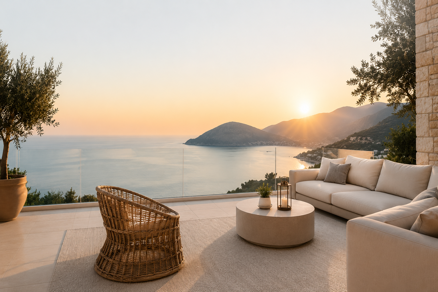 Terrasse mit Meerblick bei Sonnenuntergang